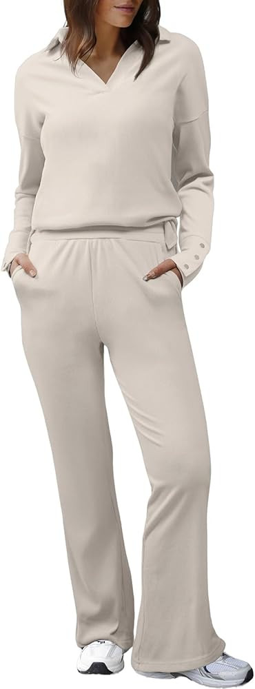 Herseas Women Sweater Set 2 Piece Outfits 2025 Long Sleeve Knit Lapel V Neck Tops High Waist Wide... | Amazon (US)