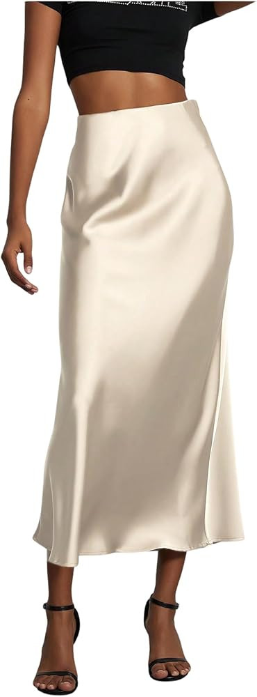 SOLY HUX Women's Elegant Satin Skirts High Waisted Flared Casual Work Office Fishtail Midi Skirt | Amazon (US)