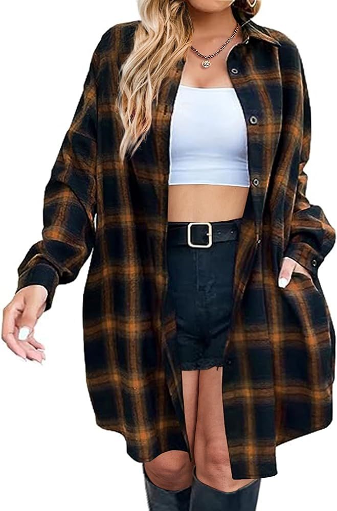 IN'VOLAND Womens Plus Size Plaid Flannel Shirt Long Sleeve Button Down Blouses Tops Shacket Jacke... | Amazon (US)