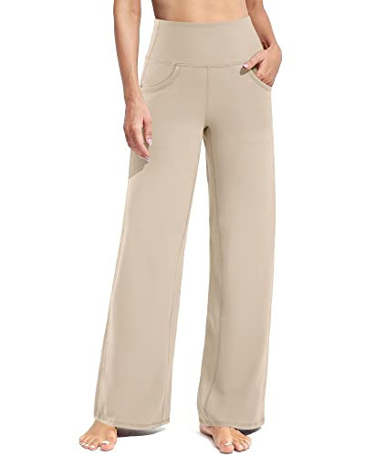 Promover Women's Wide Leg Yoga Pants High Waisted Stretch Flare Pants Comfy Lounge Palazzo Pants Petite(Light Khaki,M,Petite) | Amazon (US)