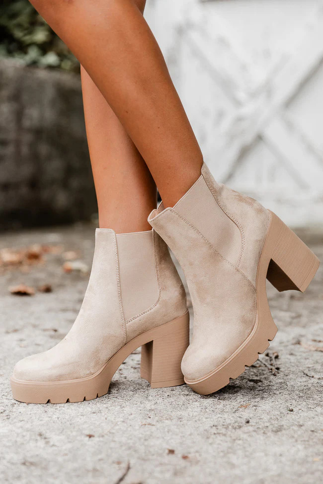Barbara Beige Suede Platform Booties | Pink Lily