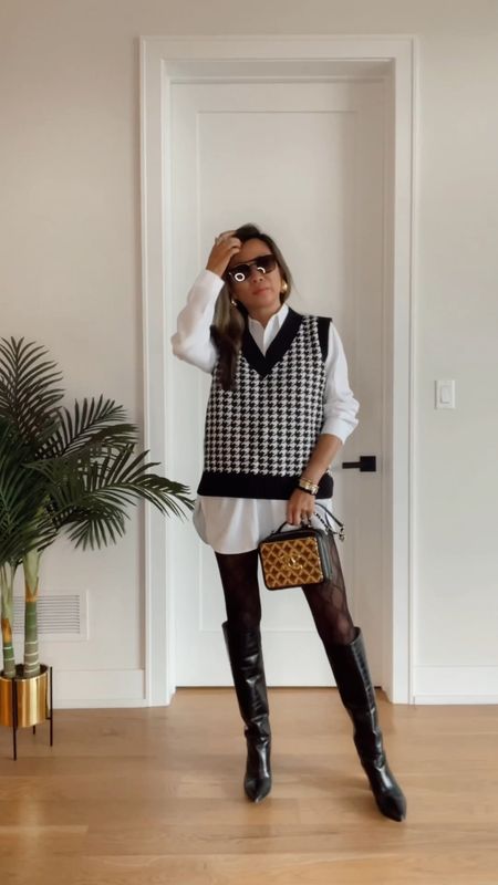 Amazon style, Pinterest Inspired style #button dress dress, houndstooth vest, GG tights, black knee high boots, fall outfit, fall style, Pinterest aesthetic 

#LTKSeasonal #LTKfindsunder50 #LTKstyletip