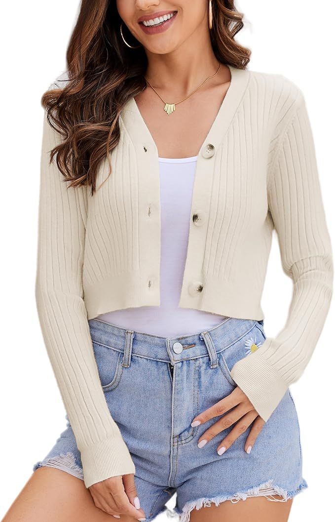 Women's Long Sleeve Cropped Cardigan V Neck Solid Button Down Knit Bolero Shrugs | Amazon (US)