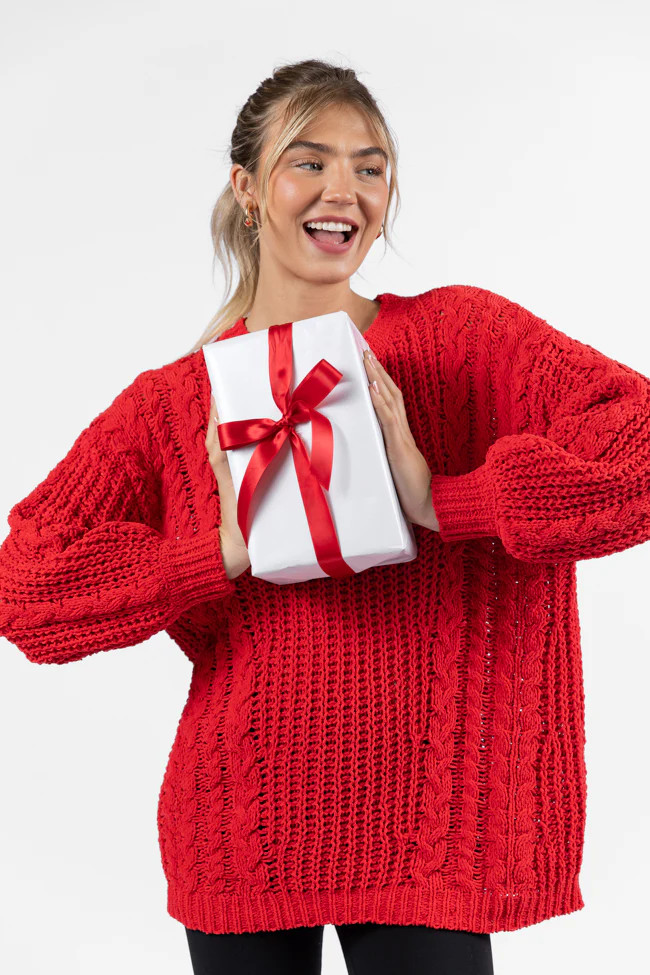 Wide Open Spaces Red Chenille Cable Knit Oversized Sweater | Pink Lily