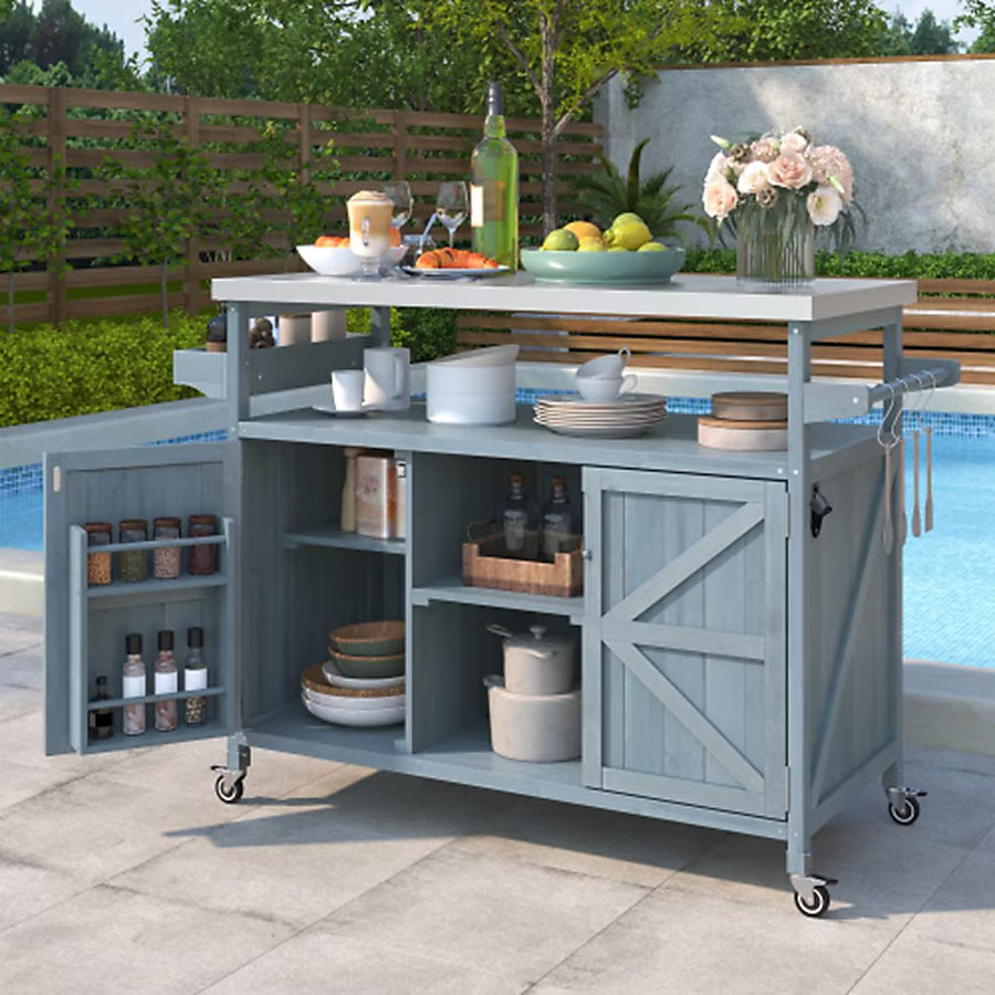 Zeus & Ruta Outdoor Kitchen Island Grey Blue Acacia Outdoor Serving Cart | Lowe's