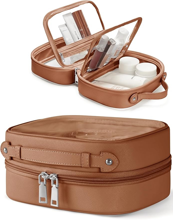 Clear Cosmetic Bag Double Layer Travel Toiletry Bag Clear Makeup Bag Case with 4 Compartments, Tr... | Amazon (US)