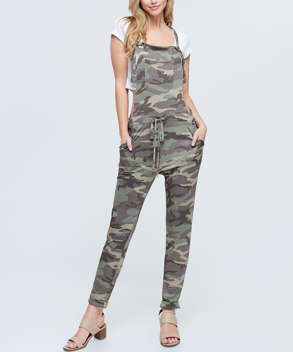Olive Olive Camo Drawstring-Waist Overalls - Women | zulily