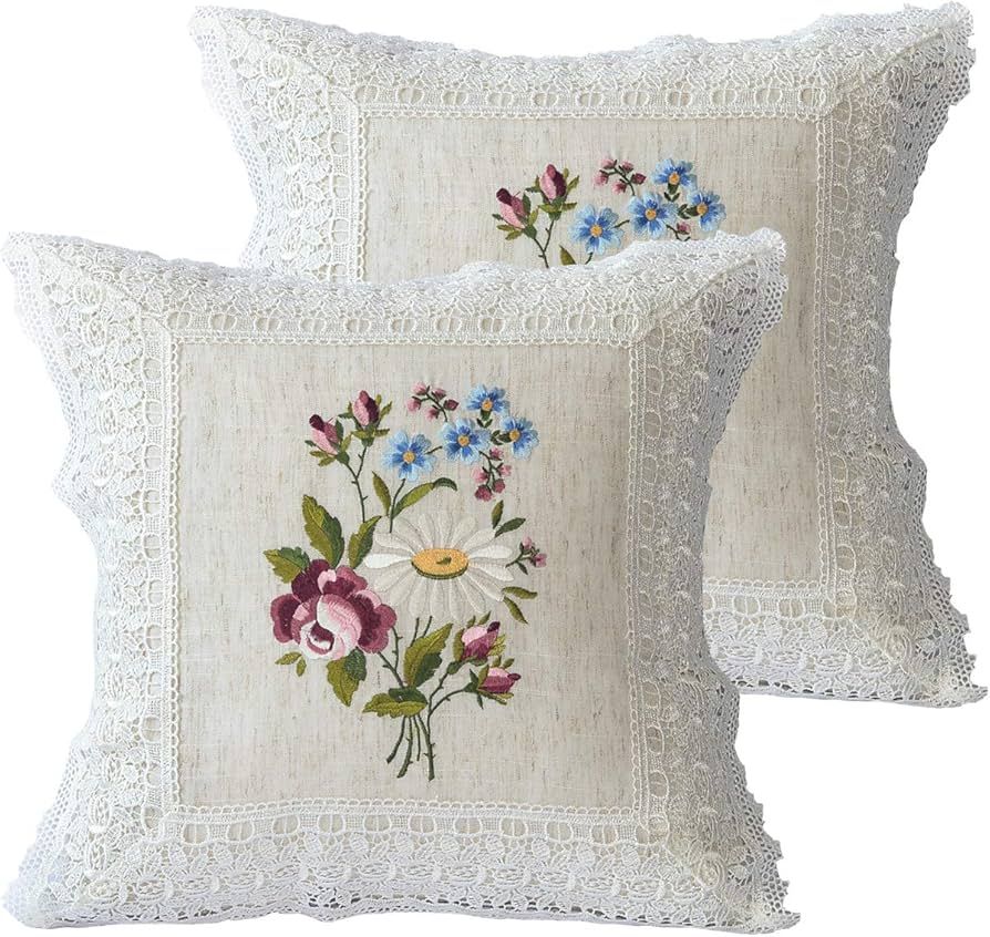 K MASANIJI Embroidered Floral Throw Pillow Covers Set of 2, 18x18 inches Farmhouse Cottage Garden... | Amazon (US)