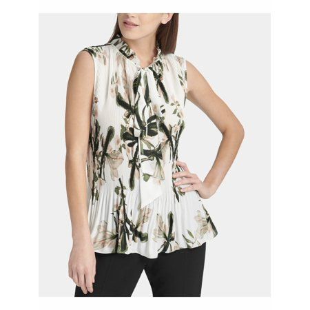 DKNY Womens White Pleated Tie Floral Sleeveless Mock Neck Wear To Work Top Petites PM | Walmart (US)