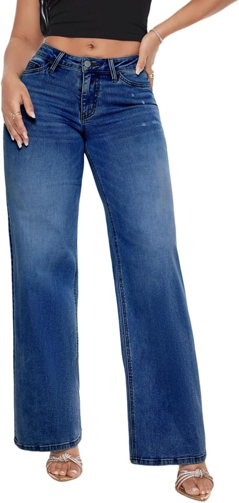 ONESO Wide Leg for Women Mid Low Rise Baggy Jeans BBL Jeans Stretchy Bottom Lady Basic Comfortabl... | Amazon (US)