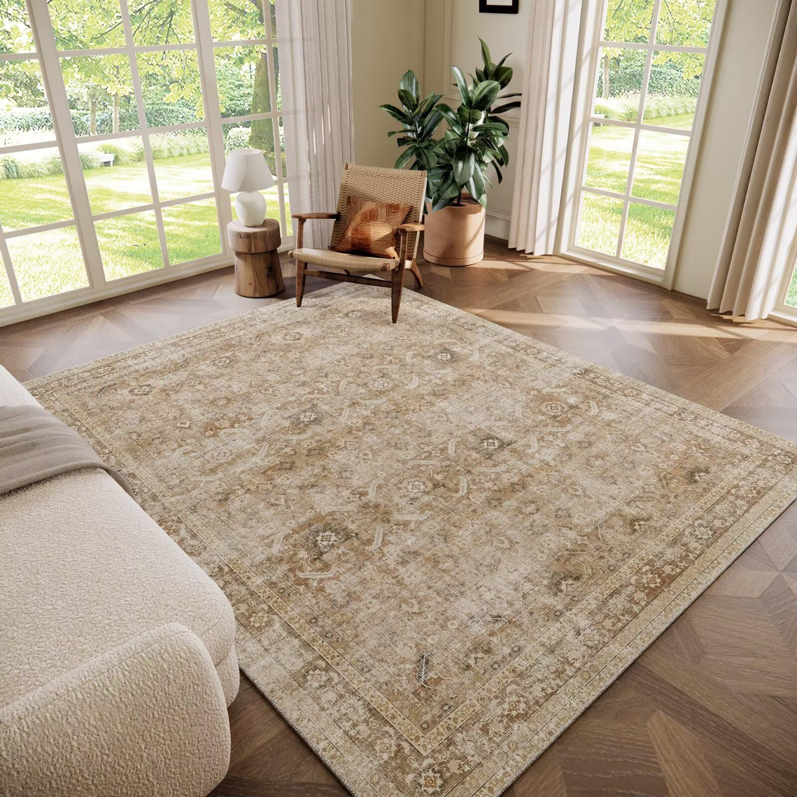 Washable 5x7 Area Rugs for Living Room, Boho Non-Slip Vintage Distress Rugs for Bedroom Dining Ro... | Amazon (US)