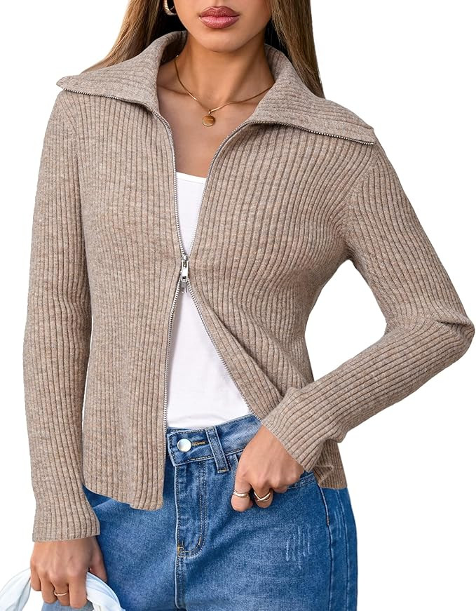 Arach&Cloz Women's Wool Blend Fall Fashion Zip Up Cardigan Sweaters 2025 Trendy | Amazon (US)