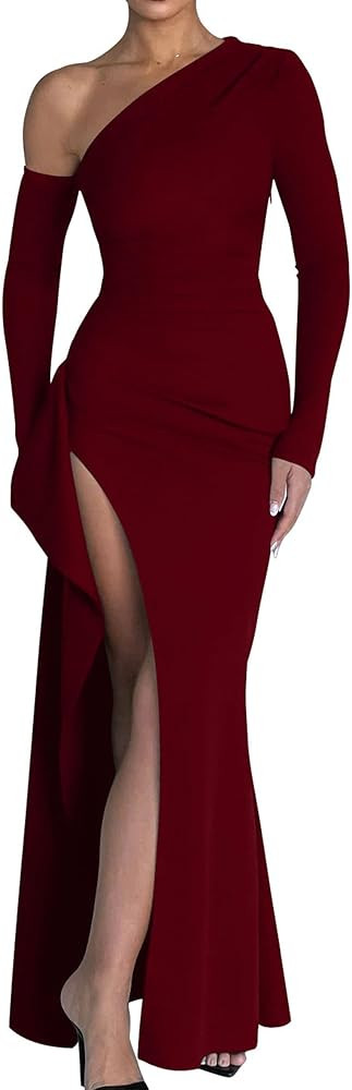 Memoriesea Women's One Shoulder Long Sleeve Sexy High Slit Wedding Guest Party Maxi Dress | Amazon (US)