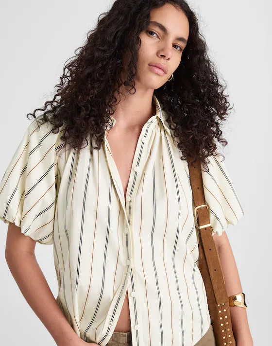 Shirred Bubble-Sleeve Button-Up Shirt in Poplin | Madewell