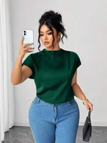 Elenzga Plus Size Women's Elegant Black Poplin Solid Color Shirt, Spring/Summer | SHEIN