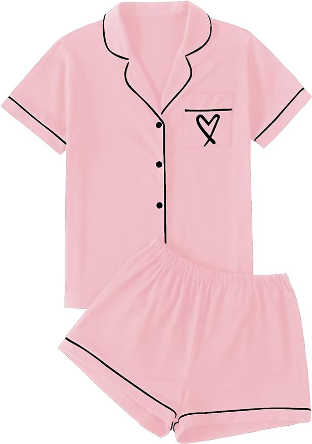 LYANER Women's Pajamas Set Heart Print Button Short Sleeve Shirt with Shorts Sleepwear PJs Set | Amazon (US)