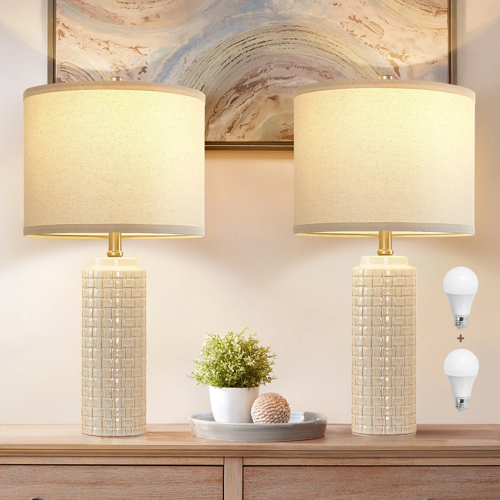 NATYSWAN 24.8" Modern Ceramic Bedside Lamp Set of 2, 3 Color Temperature Bulbs Included - Farmhou... | Walmart (US)