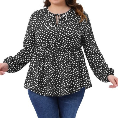 Women's Plus Size Polka Dot Tie Front Neck Flared Long Sleeve Peplum Flowy Casual Babydoll Blouses - Agnes Orinda 4X Black | Target
