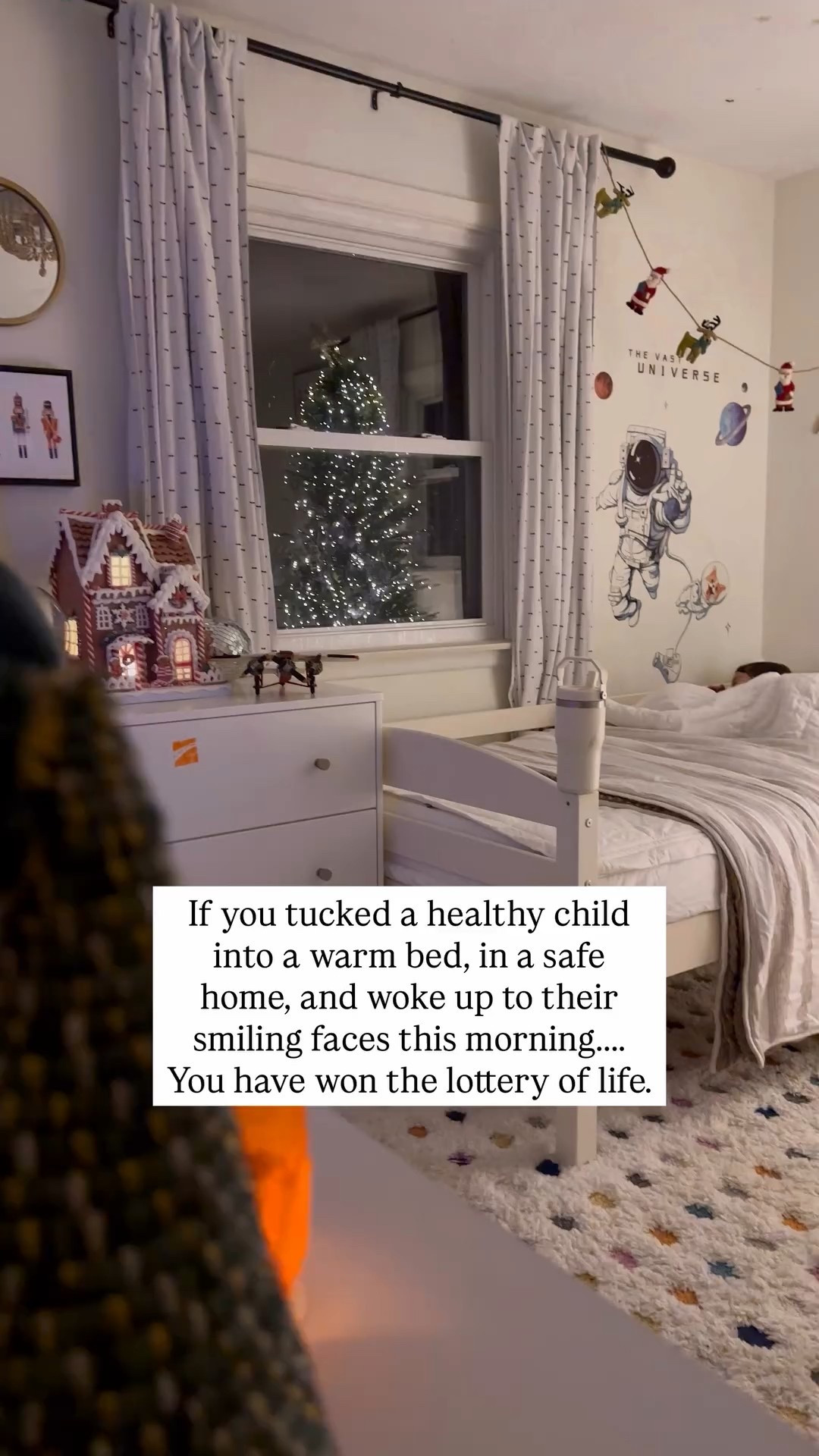 It’s easy to forget how lucky we are in the ordinary moments — warm beds, safe homes, tiny smiles 🕊️ #motherhoodismagic