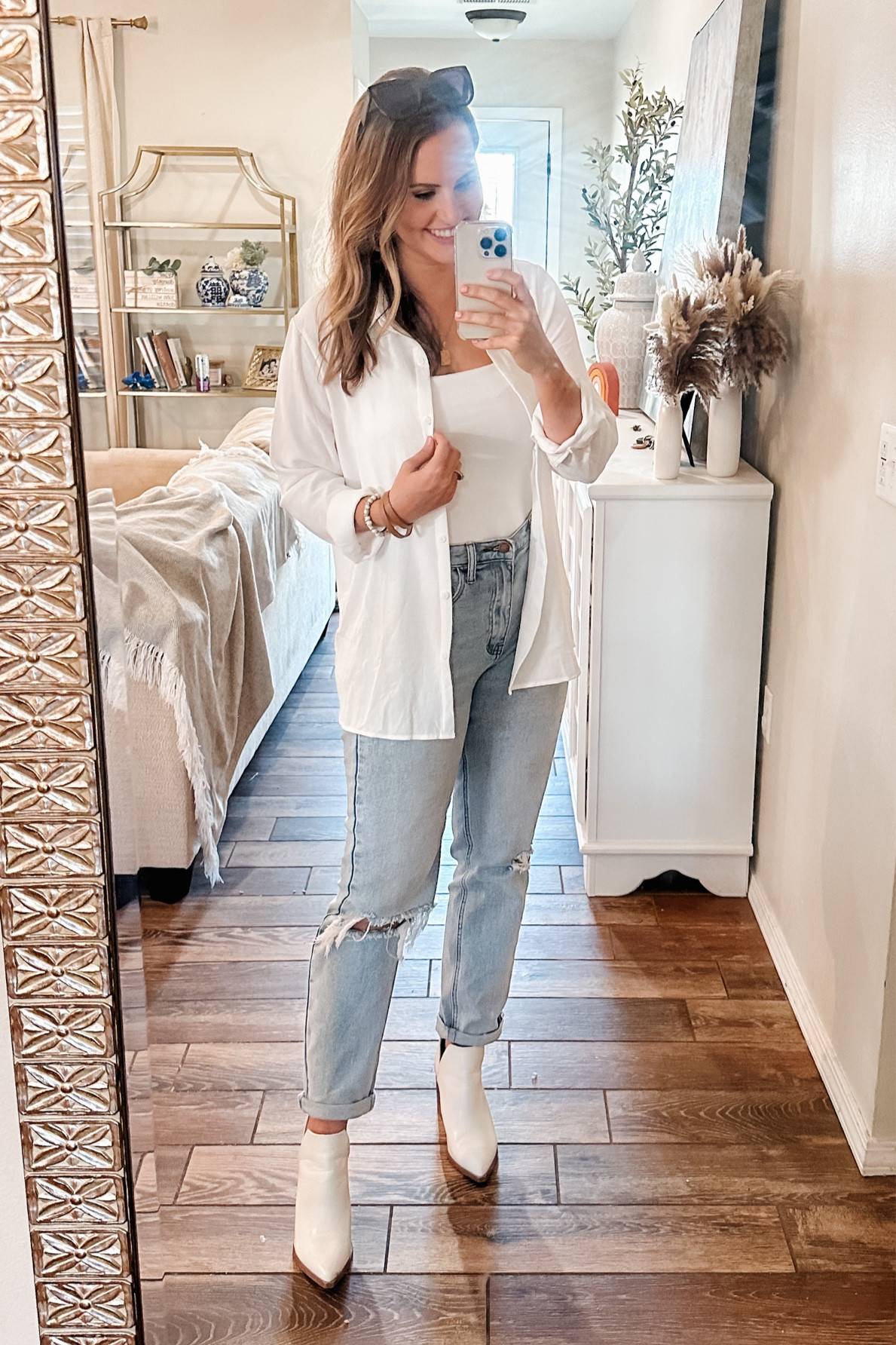 Mom casual outfit! White button down, bodysuit, straight leg mom jeans, and white boots! 

Mom fashion. Mom style. Amazon fashion. Amazon finds. Fall fashion. Fall outfits. Pink lily bodysuit. High waisted jeans. Distressed denim. 

#LTKstyletip #LTKSeasonal #LTKunder50