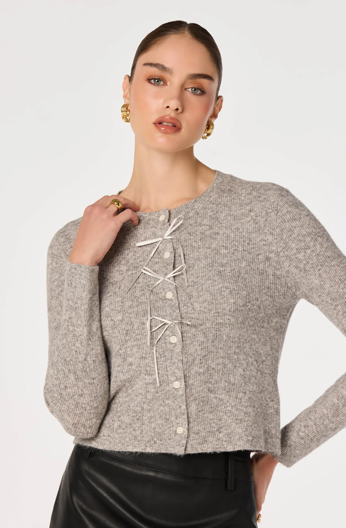 Ribbed Bow Adorned Cardigan - Grey / XS | ASTR The Label (US)