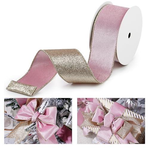 LIZLOVESS Pink Velvet Wired Ribbon with Glitter Back 2.5 Inch Pink and Gold Christmas Ribbon Wired Pink Ribbon for Christmas Tree, Gift Wrapping, Mantel, Wreaths Supplies, Topper Bows (10 Yards) | Amazon (US)