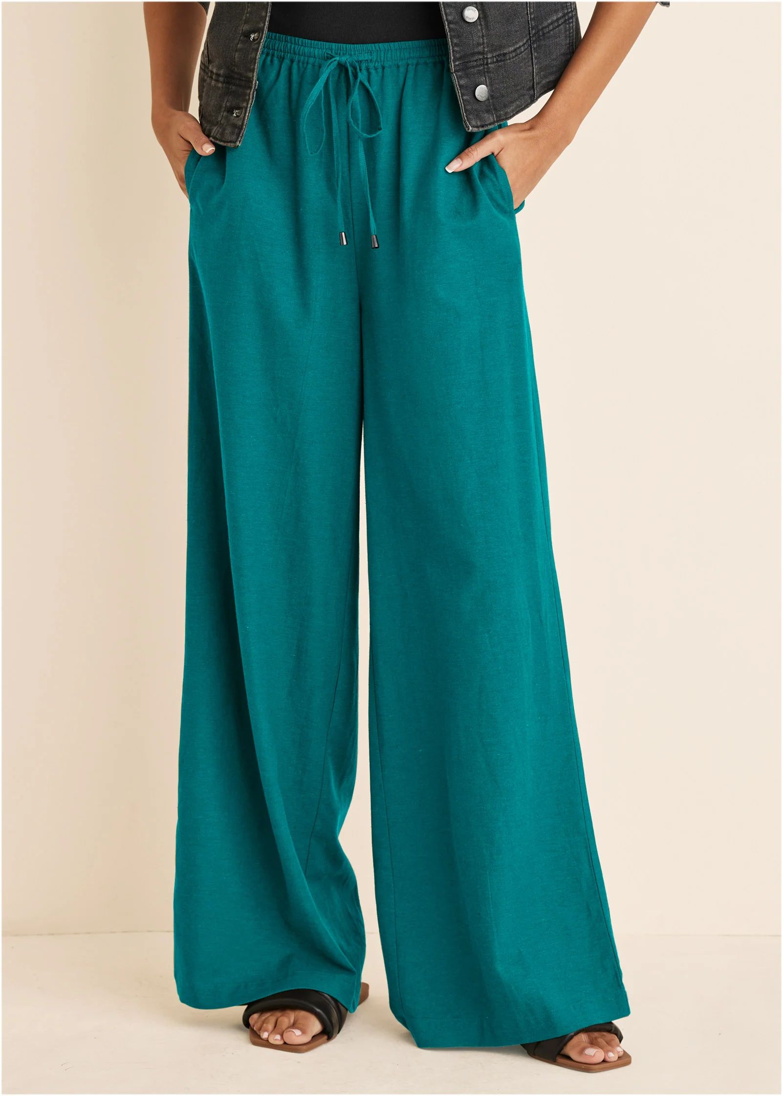 Cotton linen wide leg pants - Teal | VENUS