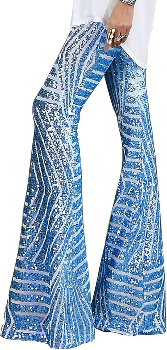 EVALESS Women High Waist Wide Leg Palazzo Lounge Pants Sequin Bell Bottoms Trousers | Amazon (US)