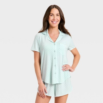 Women's Short Sleeve Notch Collar Shirt and Shorts Pajama Set - Auden™ Mint L | Target