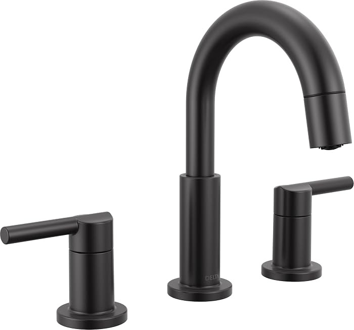 Delta Nicoli Matte Black Bathroom Faucet with Sprayer, 8 Inch 3 Hole Widespread Bathroom Sink Faucet with Pull Out Sprayer, Push-Pop Drain, Matte Black 35749LF-BLPD | Amazon (US)