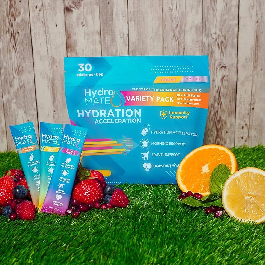 HydroMATE Electrolytes Powder Drink Mix Packets Hydration Accelerator Low Sugar Rapid Hangover Party | Amazon (US)