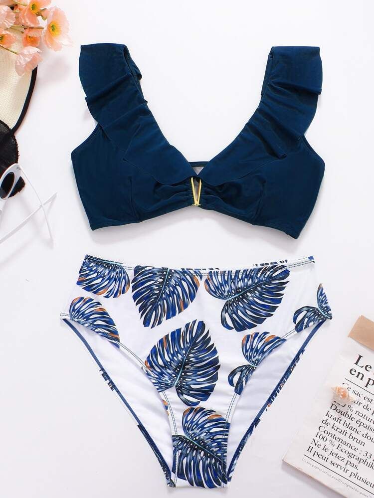 Plus Plant Print Ruffle Trim V Wired Bikini Swimsuit | SHEIN