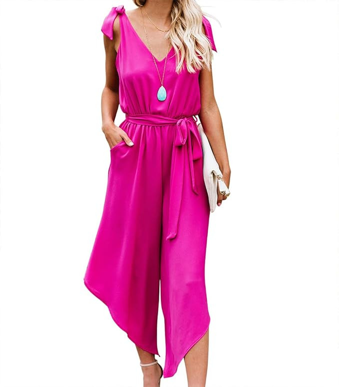 BELONGSCI Women Outfit Sleeveless Shoulder Bandage Waistband Sexy V-Neck Wide Leg Long Jumpsuit w... | Amazon (US)