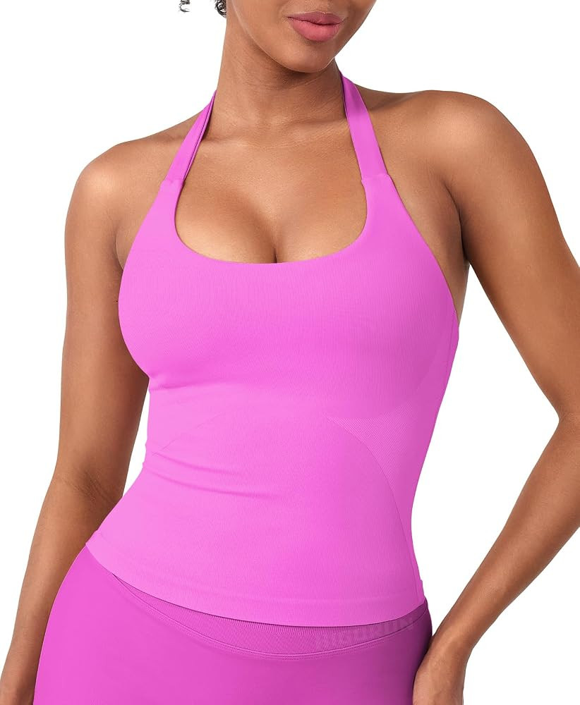 HIGORUN Women Halter Impact Tank Tops with Built in Bras Longline Crop Top | Amazon (US)