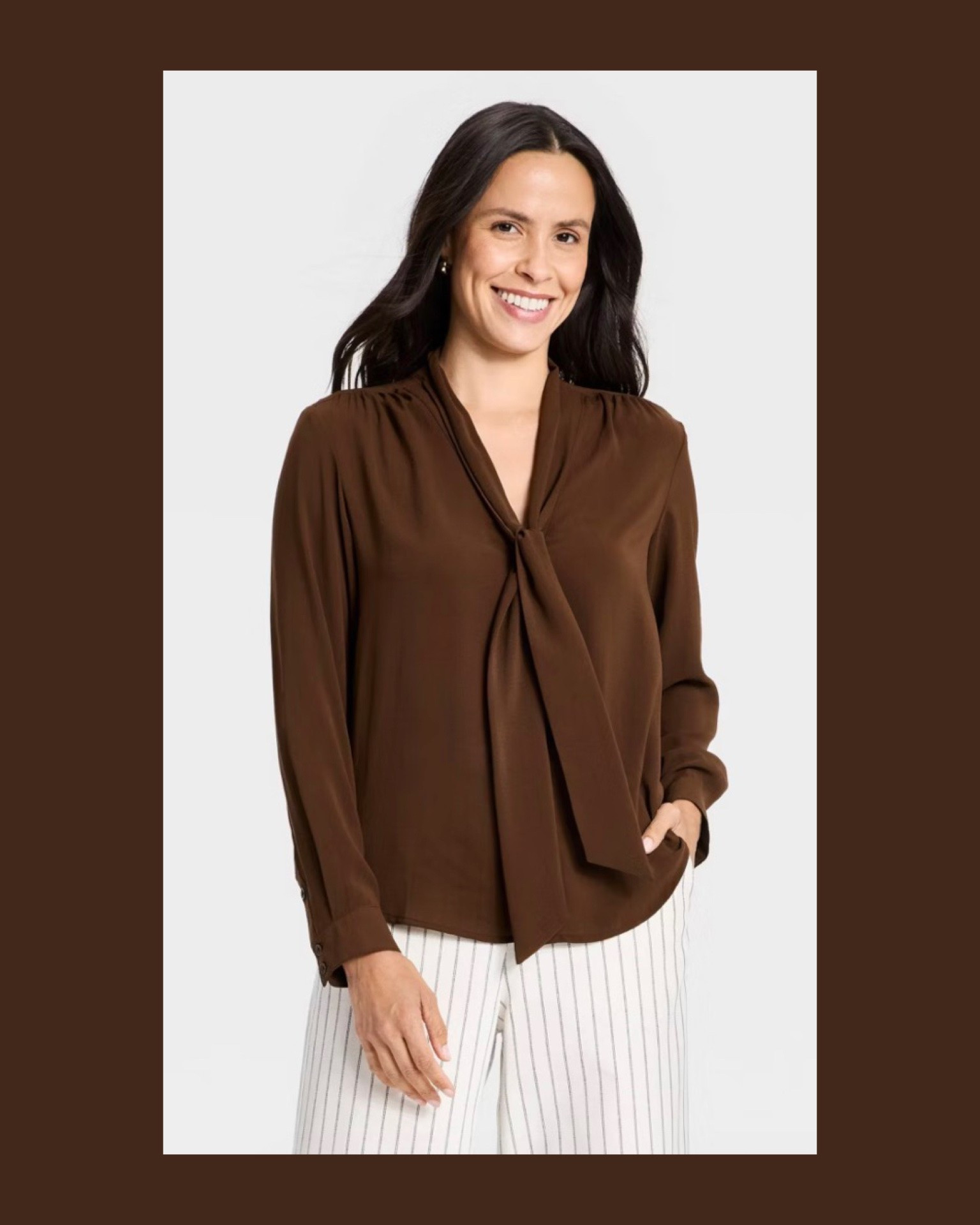 Chocolate Brown is the color of the season this year, and Target has this popular new blouse on flash sale today for only $24.50 - normally $35! It’s such a gorgeous & rich brown color, and the blouse can pair as easily with jeans as it can trousers for a variety of looks. 🤎

#LTKootd #LTKSeasonal #LTKSaleAlert