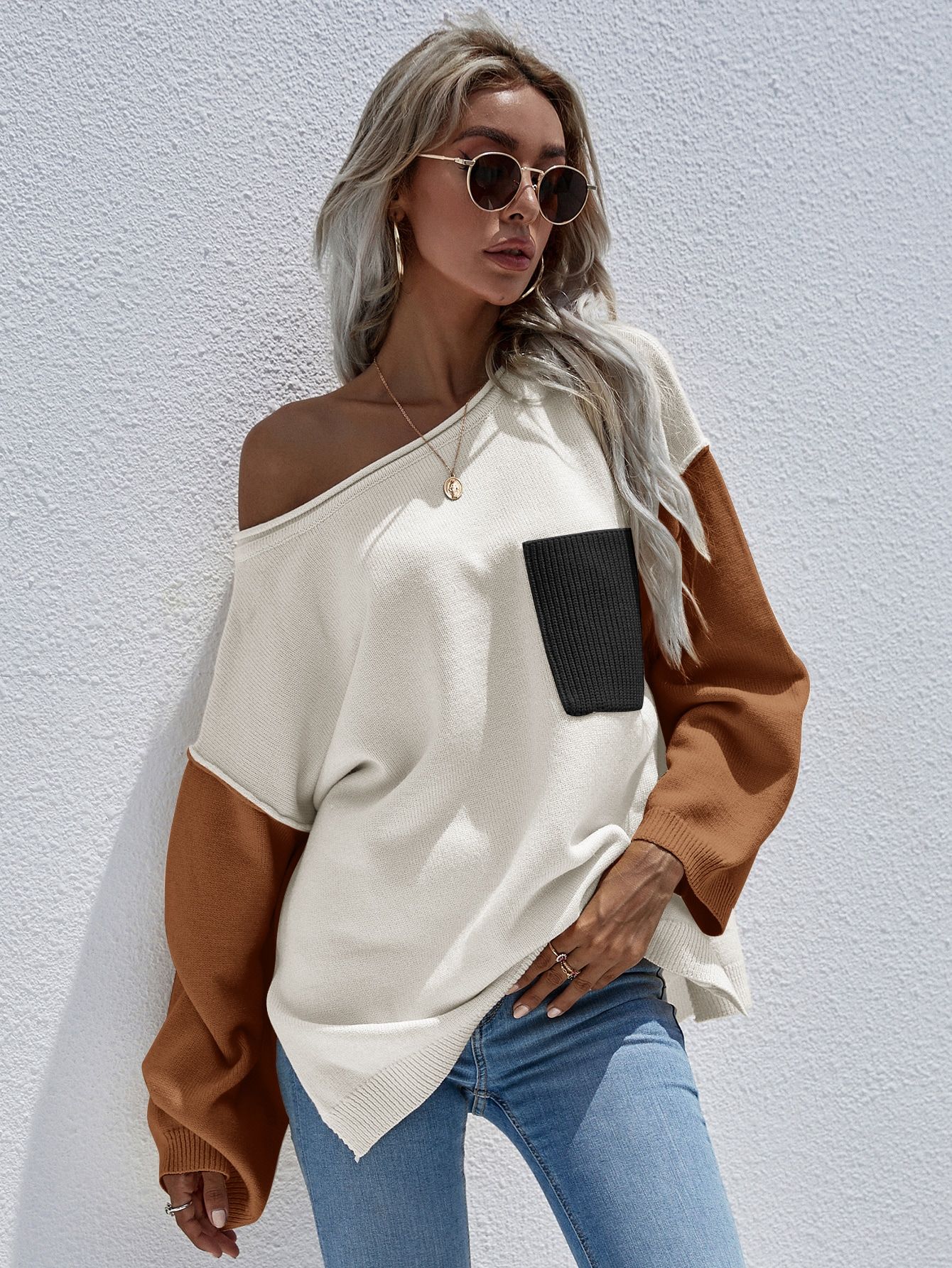 SHEIN LUNE Color Block Pocket Front Drop Shoulder Sweater | SHEIN