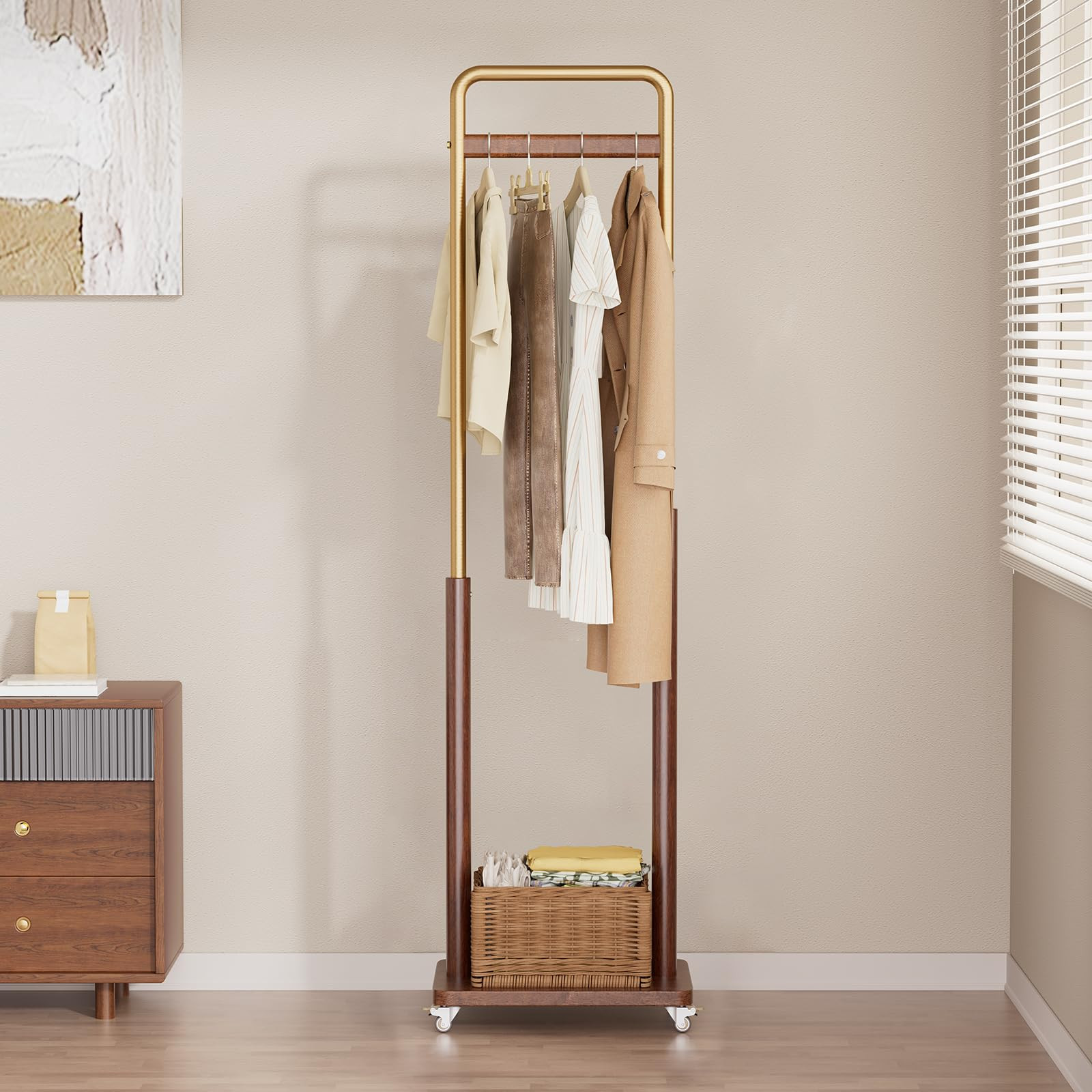 Clothes Rack Solid Wood Coat Rack, Metal and Solid Wood Combination Clothing Rack with Wheels for... | Amazon (US)