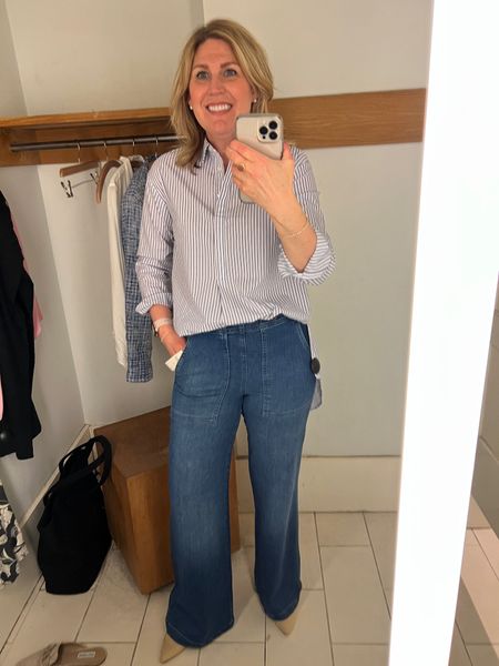 Super high waisted denim. Comes in 4 colors. Side zip and button hidden at waist. They run tts. Very stretchy and long. Linking some others that are similar. Popover striped shirt is fabulous. Large side vents. Covers the bum. Runs oversized. 

#LTKFind #LTKSale #LTKstyletip