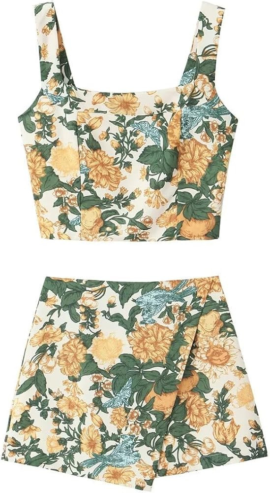 THLAI Women Two Piece Skirt Sets Floral Crop Top and Mini Skirt Sets Summer 2025 Vacation Outfits... | Amazon (US)