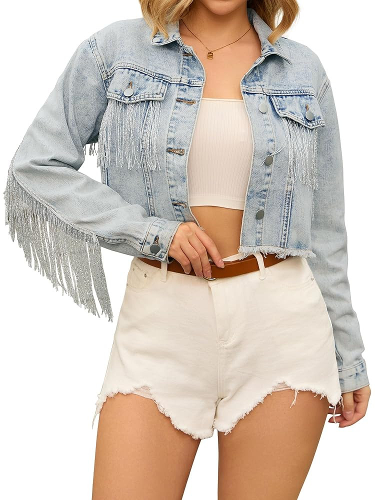 Women's Cropped Jean Jackets Long Sleeve Frayed Hem Tassel Fringe Denim Jacket | Amazon (US)