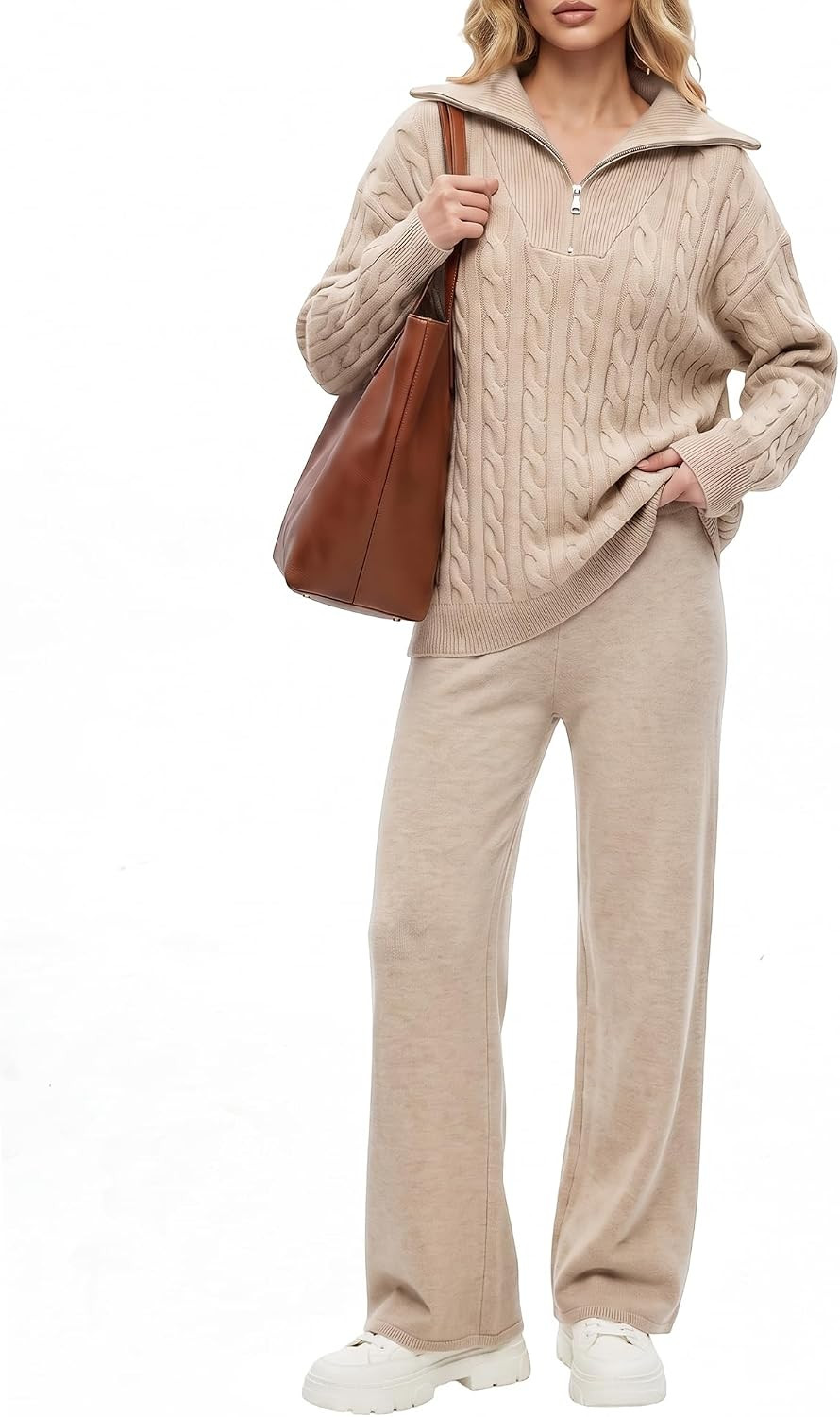 Womens Half-Zip Cable Knit Sweater Set, Long Sleeve Top&Wide Leg Pants 2026 | Amazon (US)