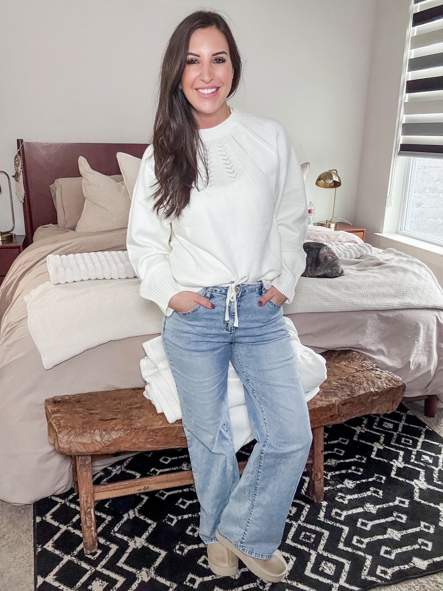 Wide legged drawstring denim jeans paired with a super soft cable knit sweater and some platform slippers 

#LTKmomlife #LTKootd