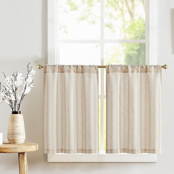 jinchan Striped Linen Kitchen Tier Curtain Farmhouse Cafe 30 Inch Small Window Balanced Stripe Ha... | Amazon (US)