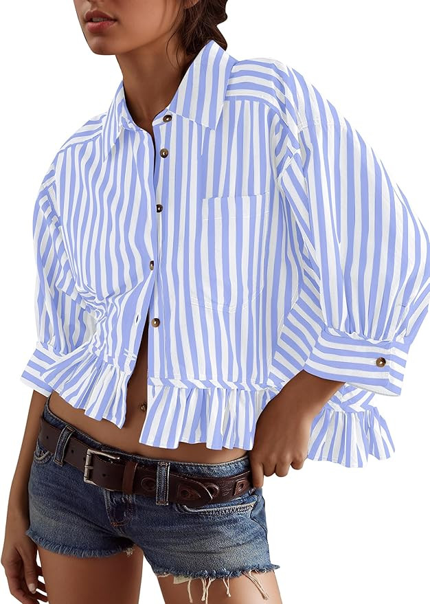 Women Peplum Button Down Shirts 3/4 Length Sleeve Business Casual Tops Crop Striped Oversized Shi... | Amazon (US)
