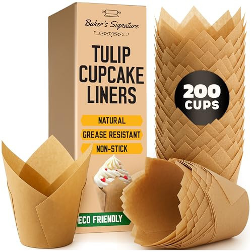 Tulip Cupcake Liners, Muffin Liners for Baking by Baker’s Signature – 200pcs of Parchment Paper Cups Cupcake Wrappers – Perfect Size, Sturdy, Greaseproof & Easy to Use – Wedding Decor – Natural Brown | Amazon (US)