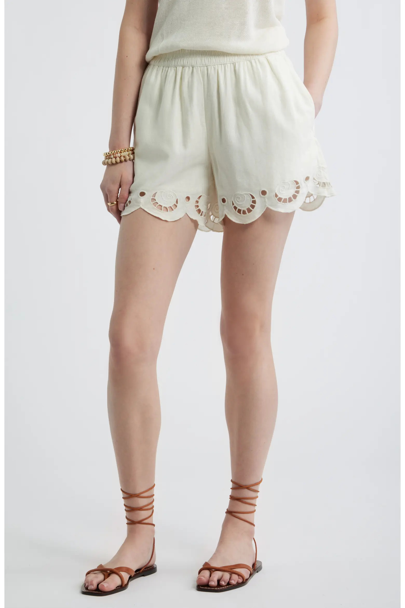 Cutwork Hem Linen Blend Pull-On Shorts (Women) | Nordstrom | Nordstrom