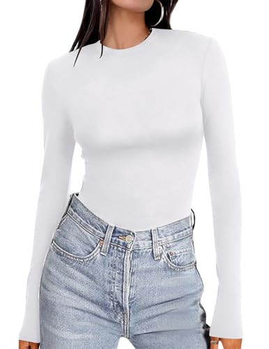 Ekouaer Women's Long Sleeve Shirts Tight Fitted Tops Crewneck Underscrubs Tee Lightweight Basic Thermal Undershirts White XXL | Amazon (US)