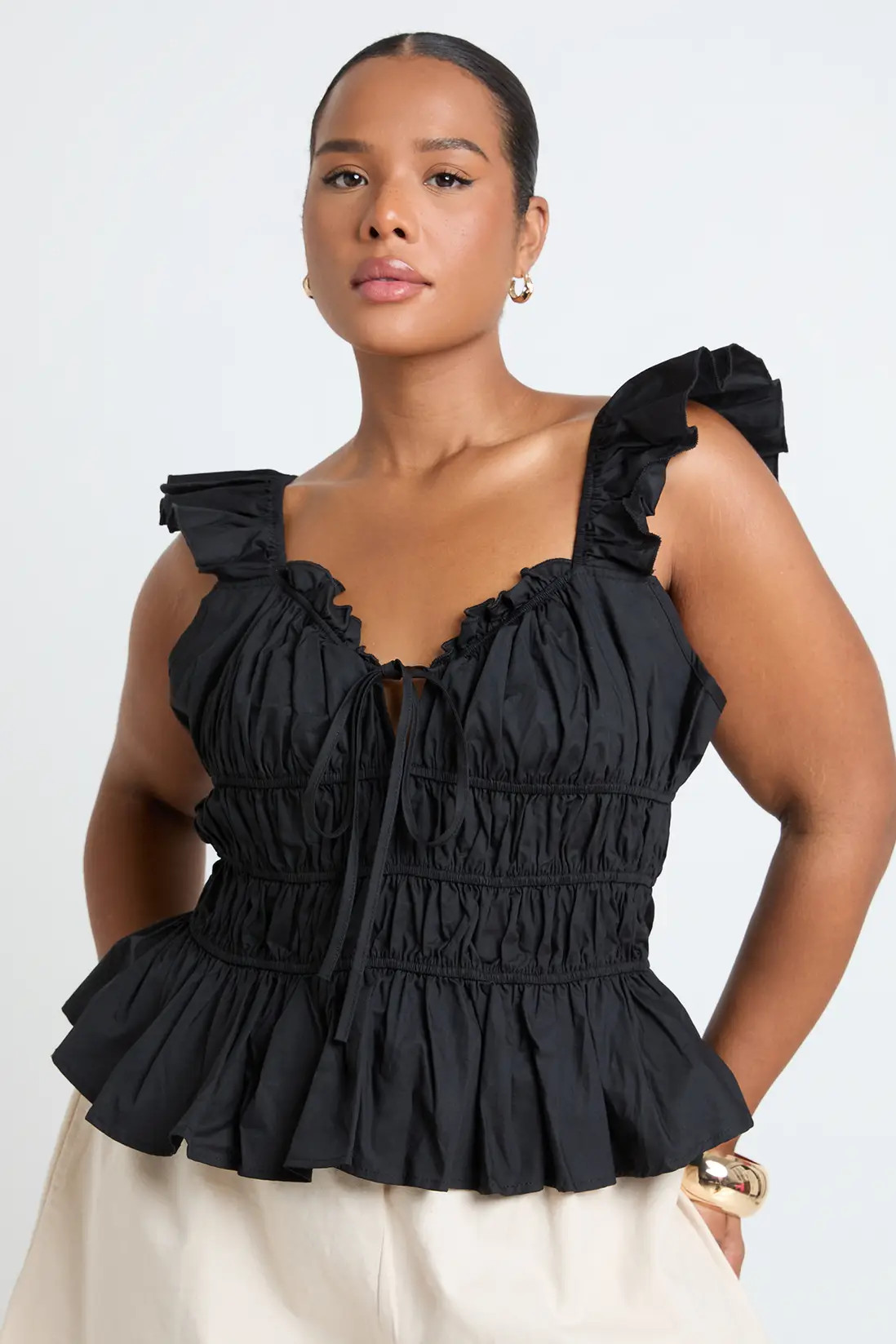 Black Plus Frill Sleeve Shirred Tie Top | Boohoo USA | boohoo (US & Canada)