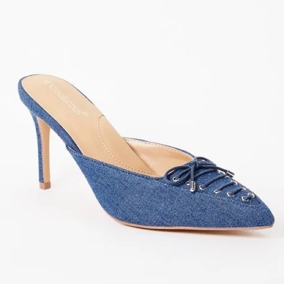 ShoeDazzle Cherie Mule Pump in Dark Blue Denim | Lace Up Bow Mules Heels JustFab | Poshmark