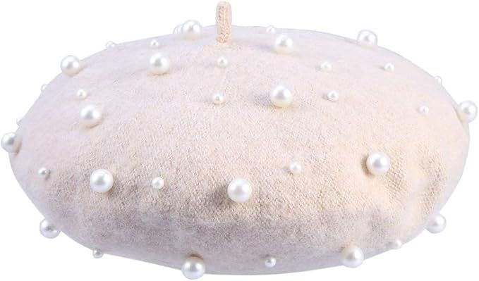 Beret Pearl Autumn Winter Cashmere Beret Starry Beaded Pearl Rivet Wool Beret | Amazon (US)